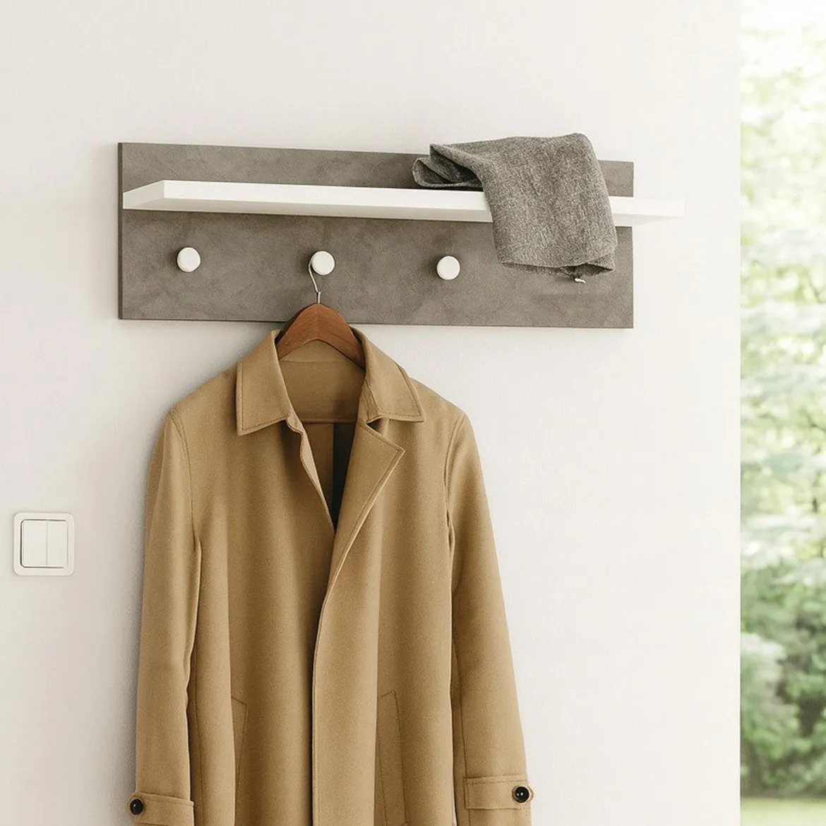 Appendiabiti Bianco Grigio Cemento 4 Ganci Installazione a Muro, Colore Struttura Grigio - Mozzo