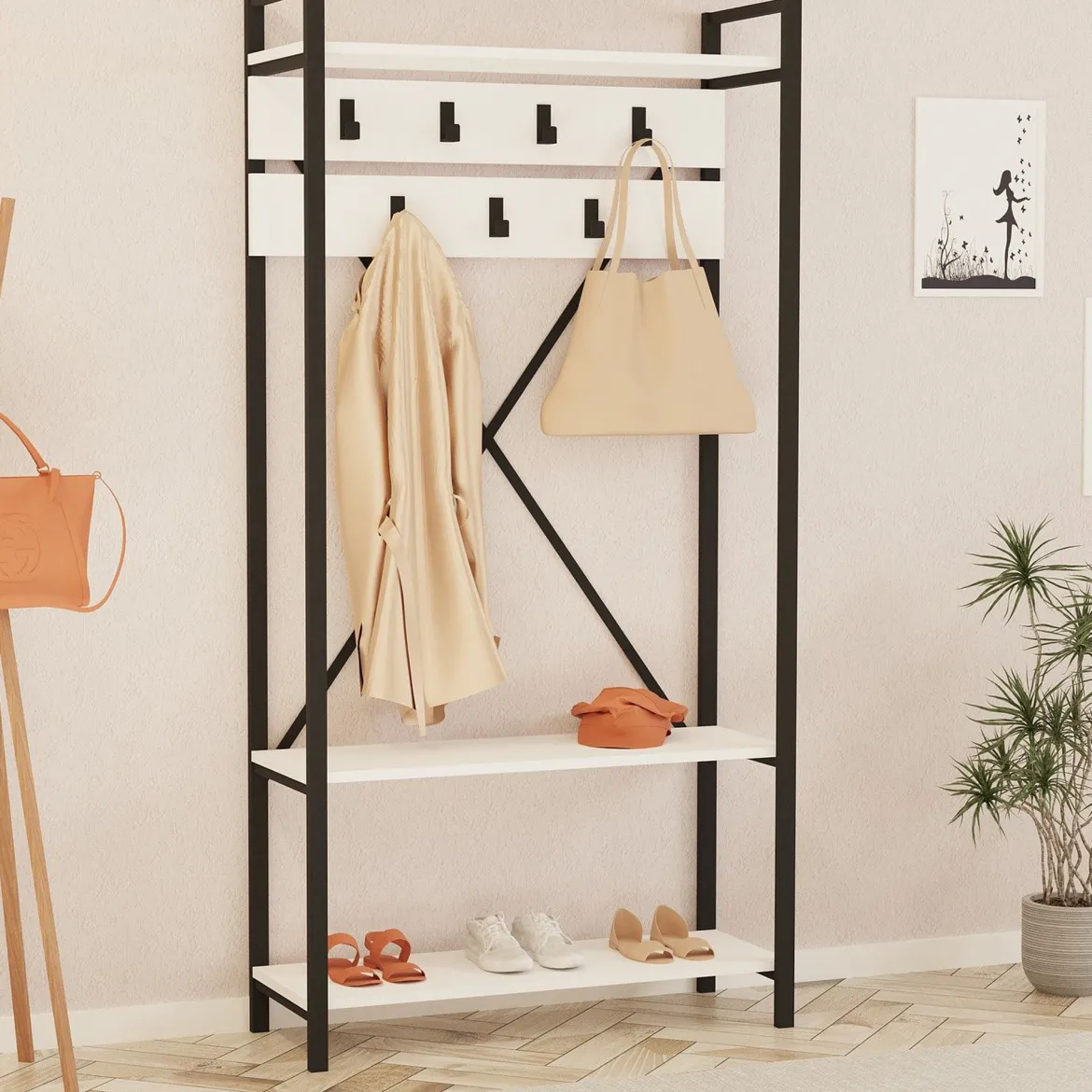 Appendiabiti Bianco Nero 7 Ganci Installazione a Terra 180h cm, Colore Struttura Nero - Celiera