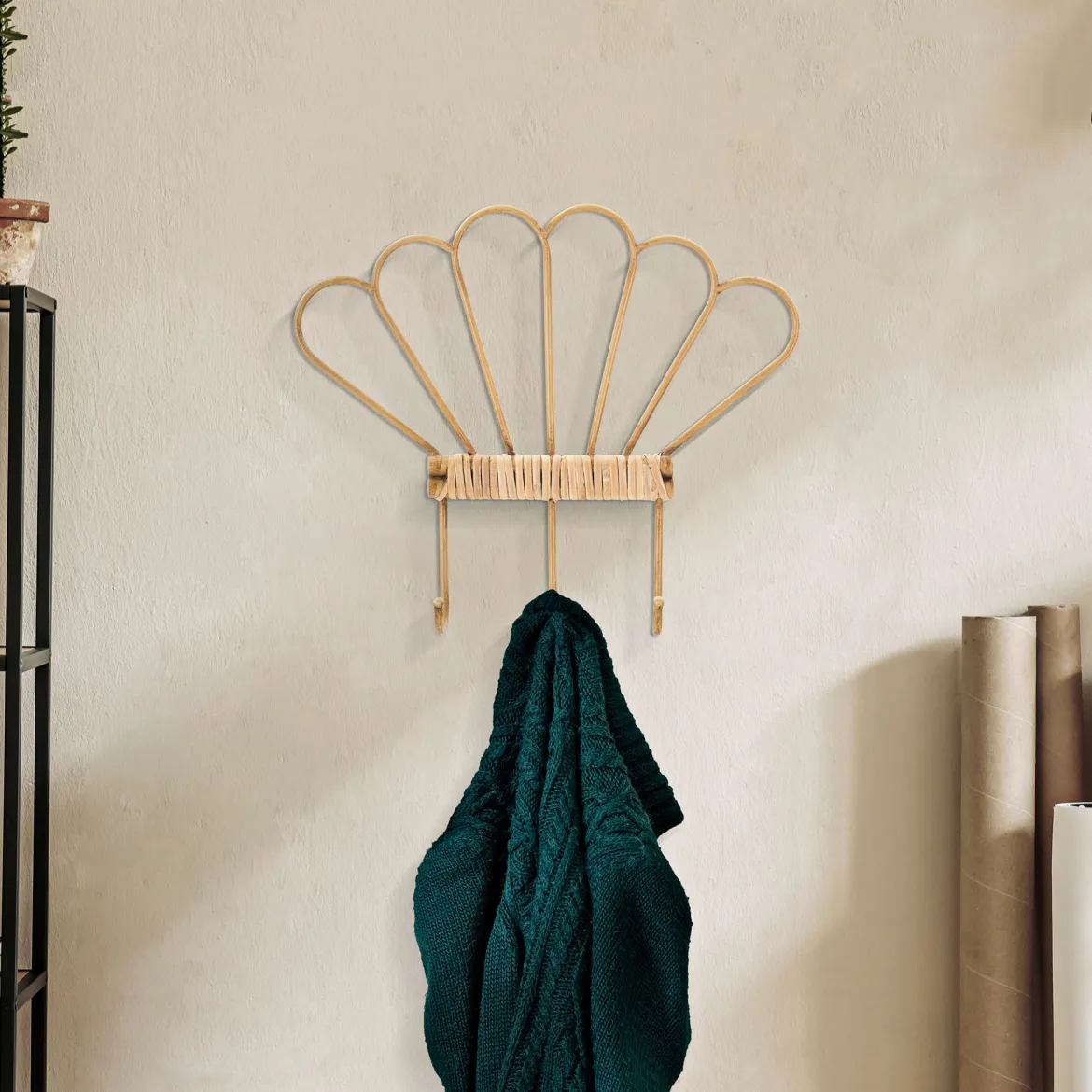 Appendiabiti Marrone Finitura in Rattan Color Bamboo Naturale 3 Ganci 33h cm, Installazione Sospeso - Danatala