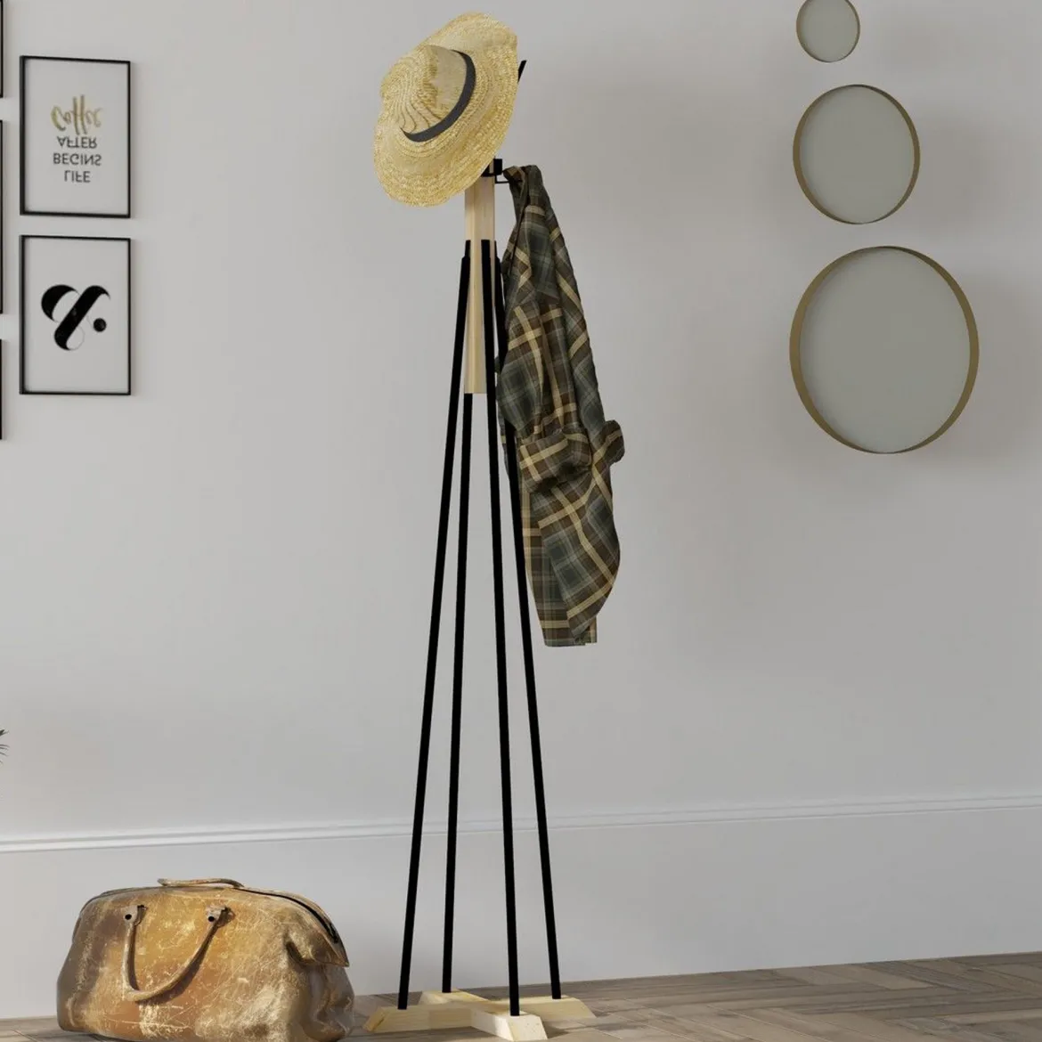 Appendiabiti Nero Marrone Rovere 4 Ganci Installazione a Terra 160h cm, Colore Struttura Marrone - Caravate