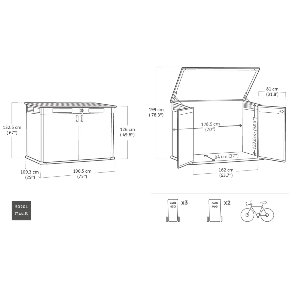 Armadio da Esterno Grigio Nero Cassetti 2 Ripiani 191x109x133h cm, Apertura Battente, a Ribalta - Litchfield