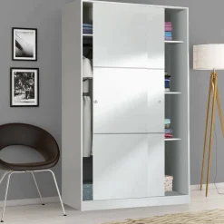 Armadio Guardaroba 2 Ante Scorrevoli 120x50x200h cm Bianco lucido Salvaspazio in Legno con Appendiabiti e 4 Ripiani Regolabili – Adrenalin