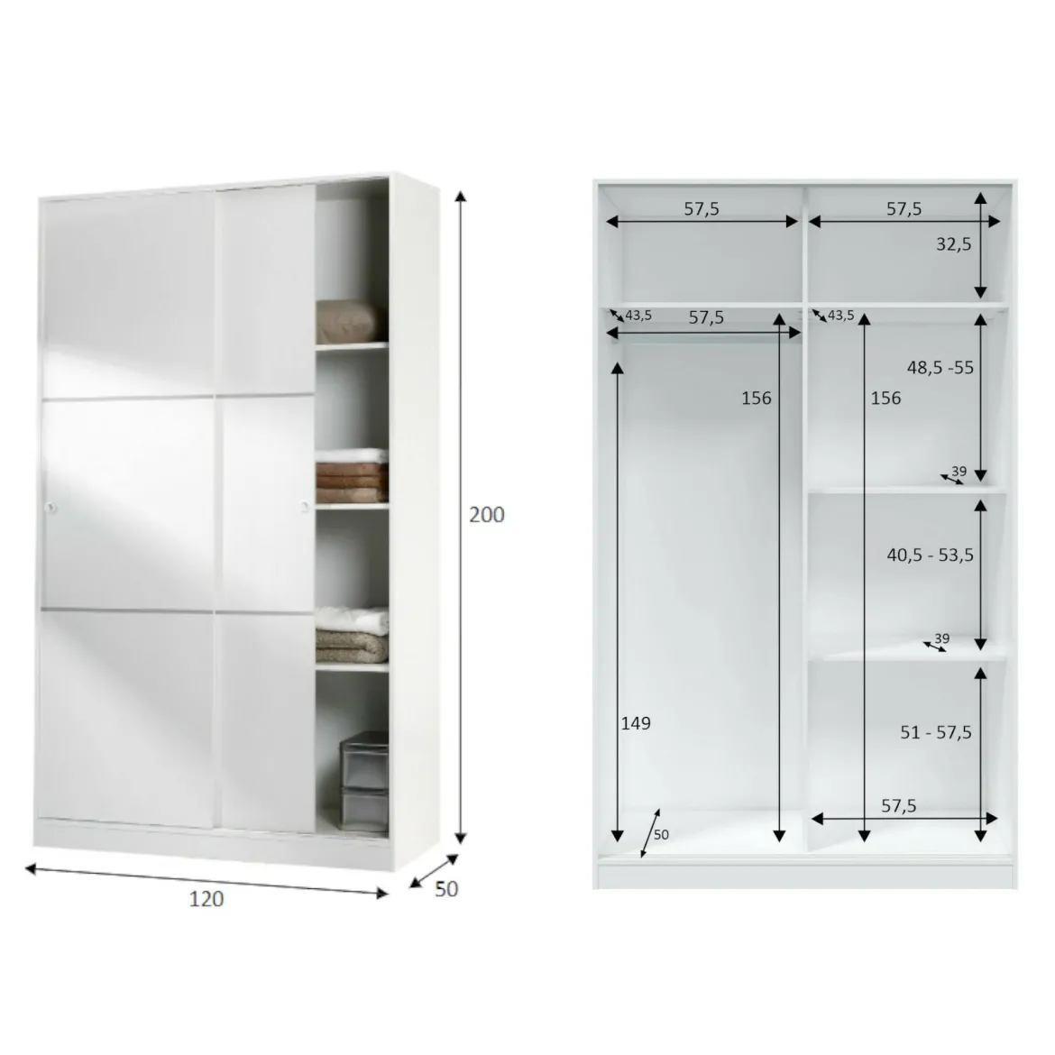 Armadio Guardaroba 2 Ante Scorrevoli 120x50x200h cm Bianco lucido Salvaspazio in Legno con Appendiabiti e 4 Ripiani Regolabili – Adrenalin