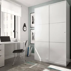 Armadio Guardaroba 2 Ante Scorrevoli 120x50x200h cm Bianco lucido Salvaspazio in Legno con Appendiabiti e 4 Ripiani Regolabili – Adrenalin