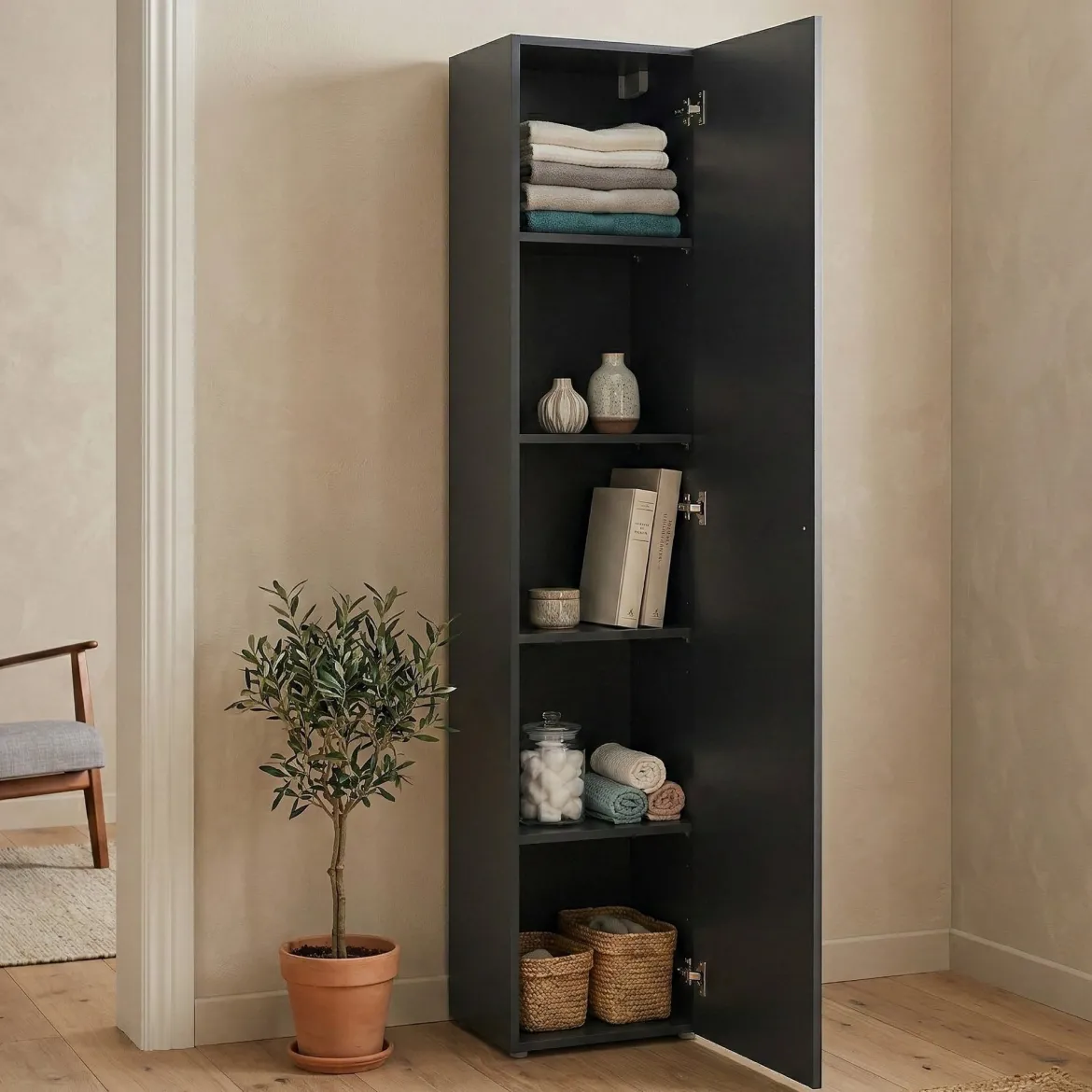 Armadio Multiuso 1 Anta Grigio Antracite 4 Ripiani Apertura Battente 40x180h cm, Un'anta - Neto