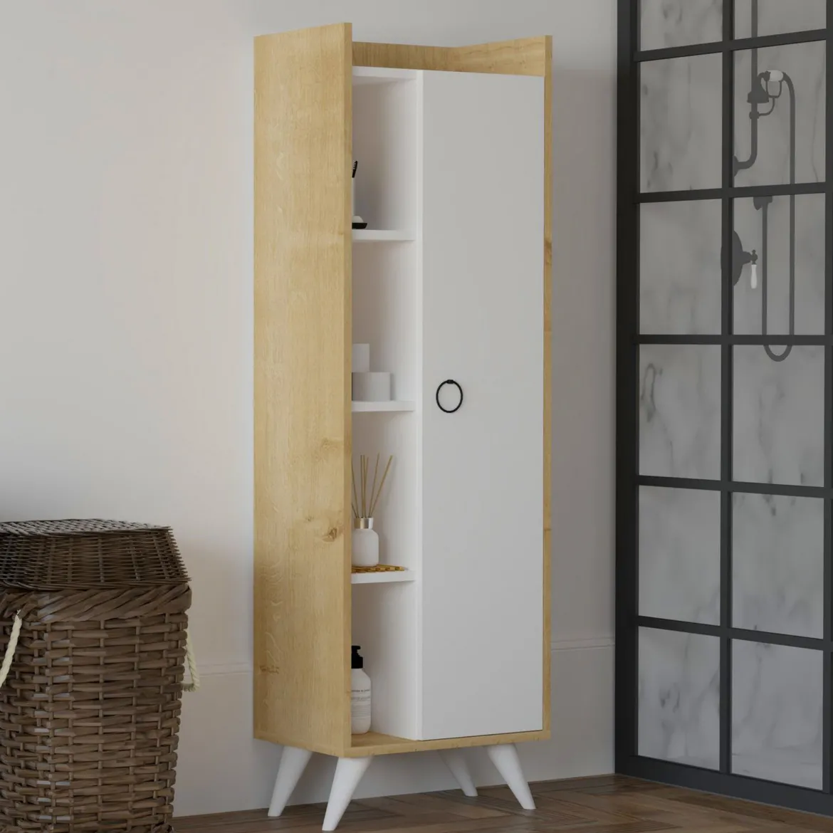 Armadio Multiuso 1 Anta Marrone Rovere Nero Antracite 5 Ripiani Un'anta 60x81h cm, 5 Vani - Fornelli