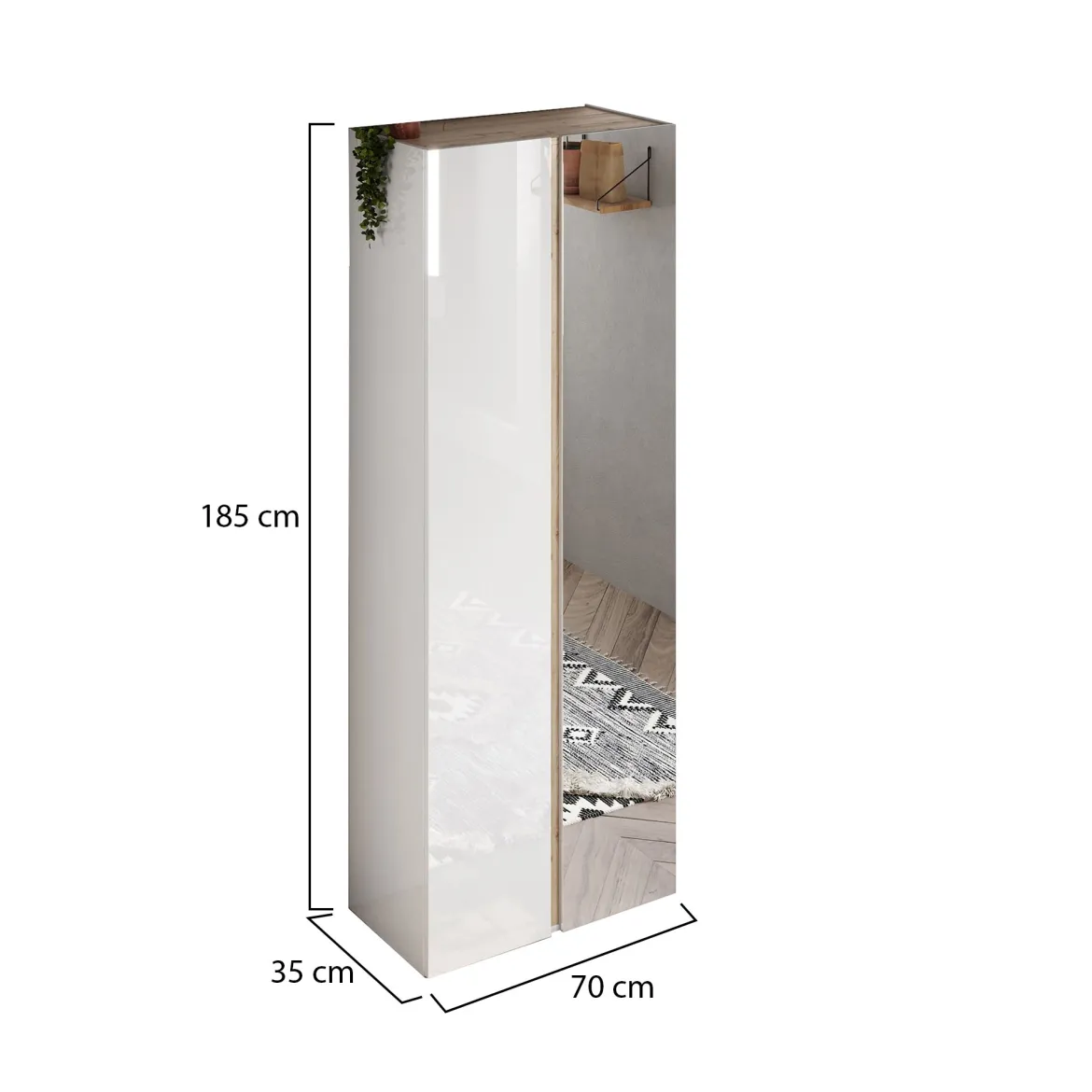 Armadio Multiuso 2 Ante Bianco Lucido Trasparente 8 Ripiani Cassetti 70x185h cm, 9 Vani - Gradoli