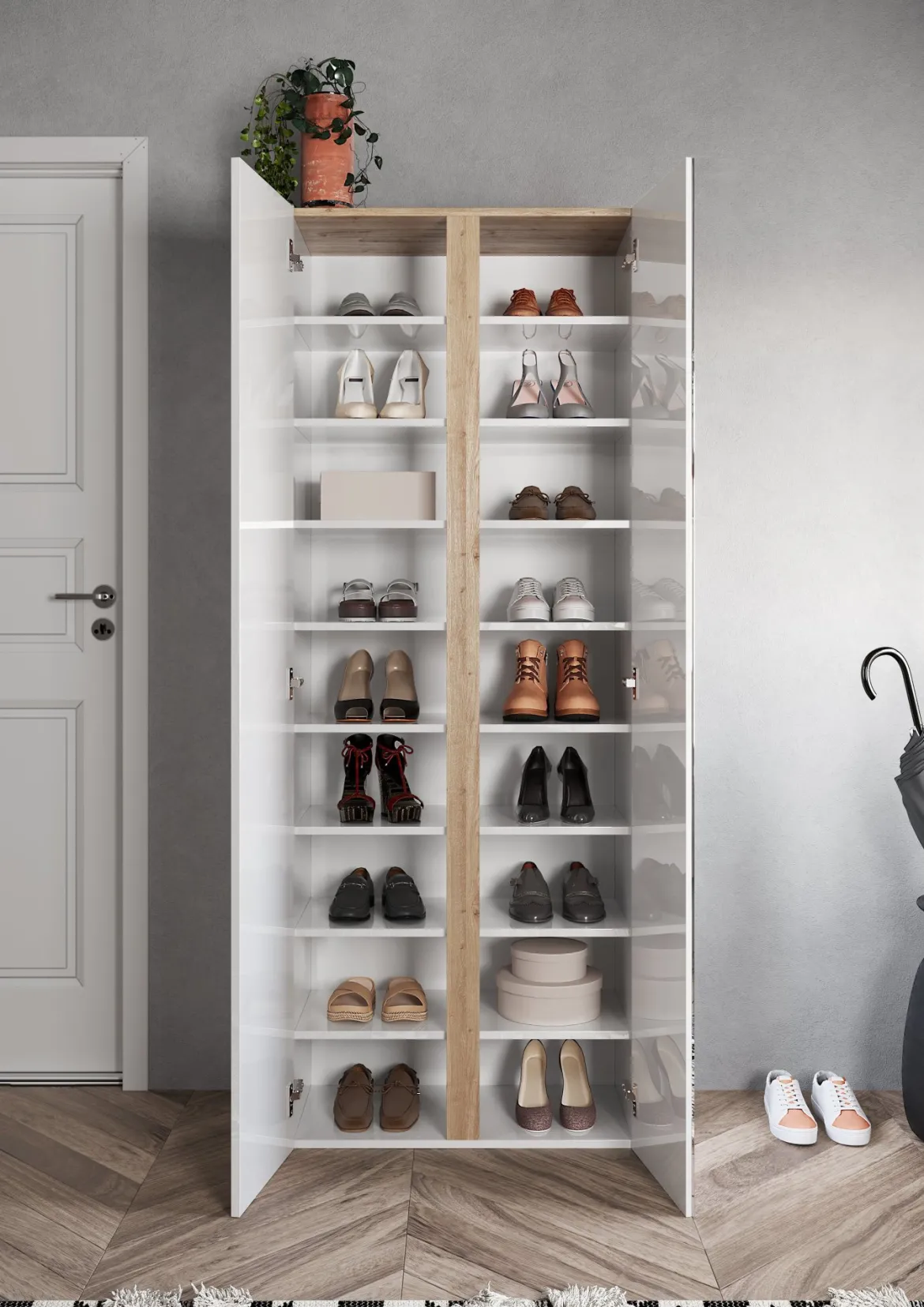 Armadio Multiuso 2 Ante Bianco Lucido Trasparente 8 Ripiani Cassetti 70x185h cm, 9 Vani - Gradoli