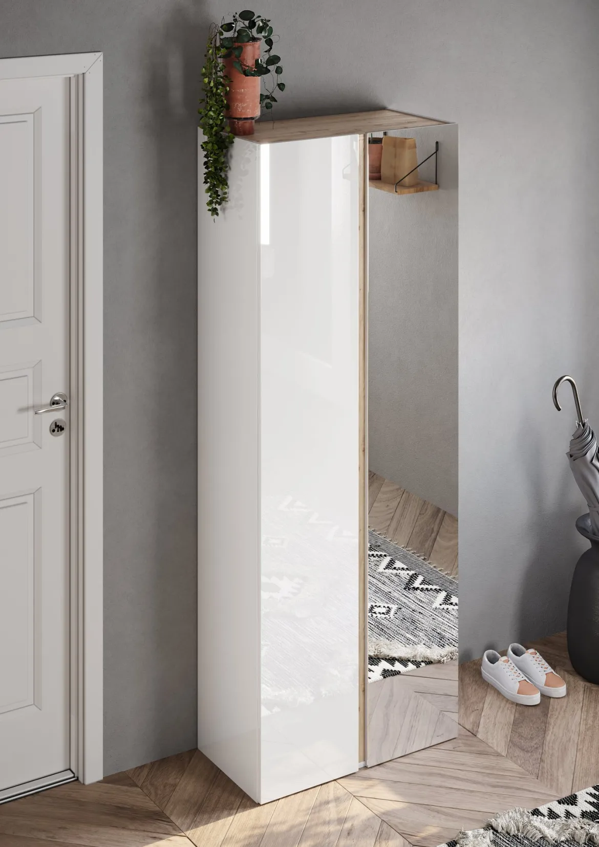 Armadio Multiuso 2 Ante Bianco Lucido Trasparente 8 Ripiani Cassetti 70x185h cm, 9 Vani - Gradoli