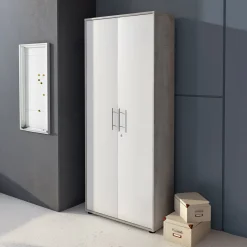Armadio Multiuso 2 Ante Grigio Cemento Bianco Cassetti 4 Ripiani 79x188h cm, 2 Ante - Saponara
