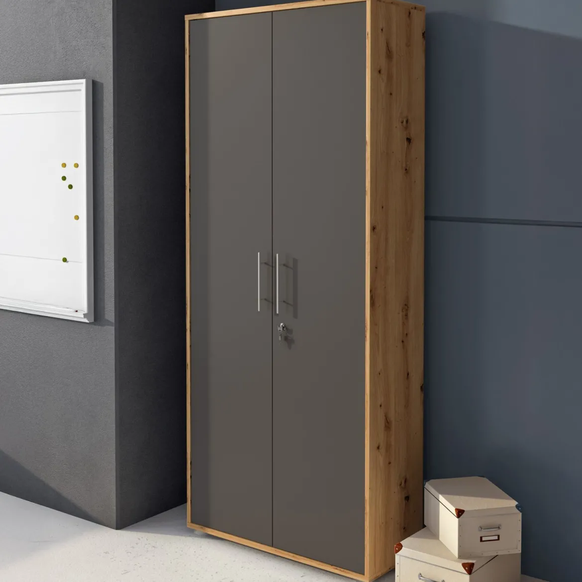 Armadio Multiuso 2 Ante Marrone Rovere Nero Antracite Cassetti 4 Ripiani 79x188h cm, 2 Ante - Saponara