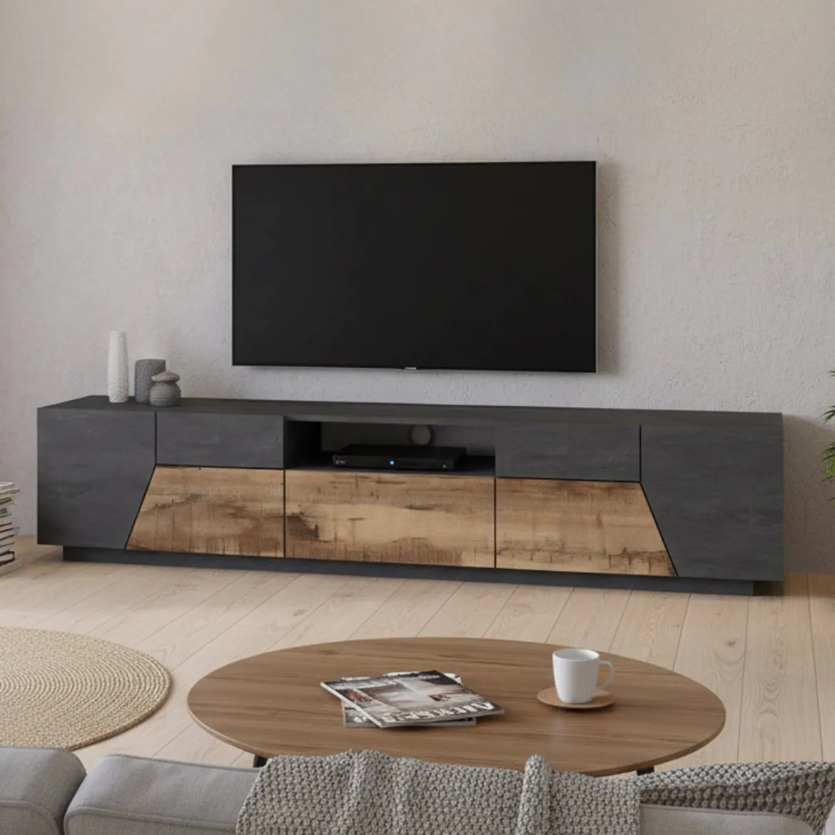 Base TV acero e ardesia 220x43x46h cm 4 ante e 1 cassetto - Animai
