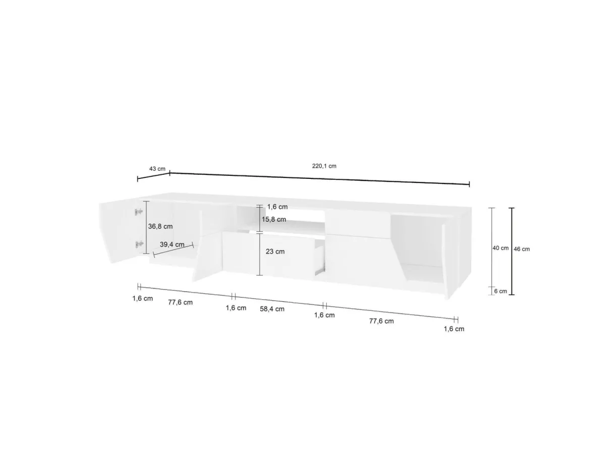 Base TV acero e ardesia 220x43x46h cm 4 ante e 1 cassetto - Animai