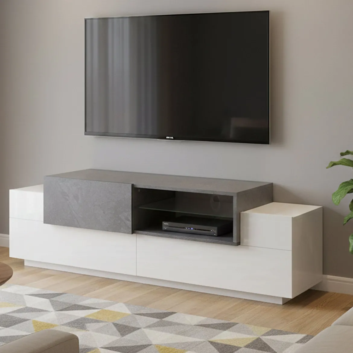 Base TV bianco lucido,cemento 200x45x52h cm 3 ante - Arold