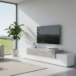 Base TV bianco lucido,cemento 240x45x52h cm 3 ante - Tiche