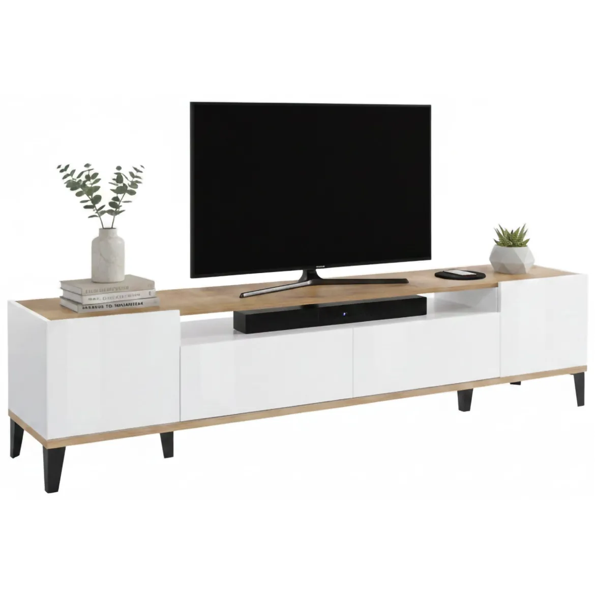 Base TV bianco lucido e acero 200x40x47h cm 2 ante e 2 cassetti - Abina
