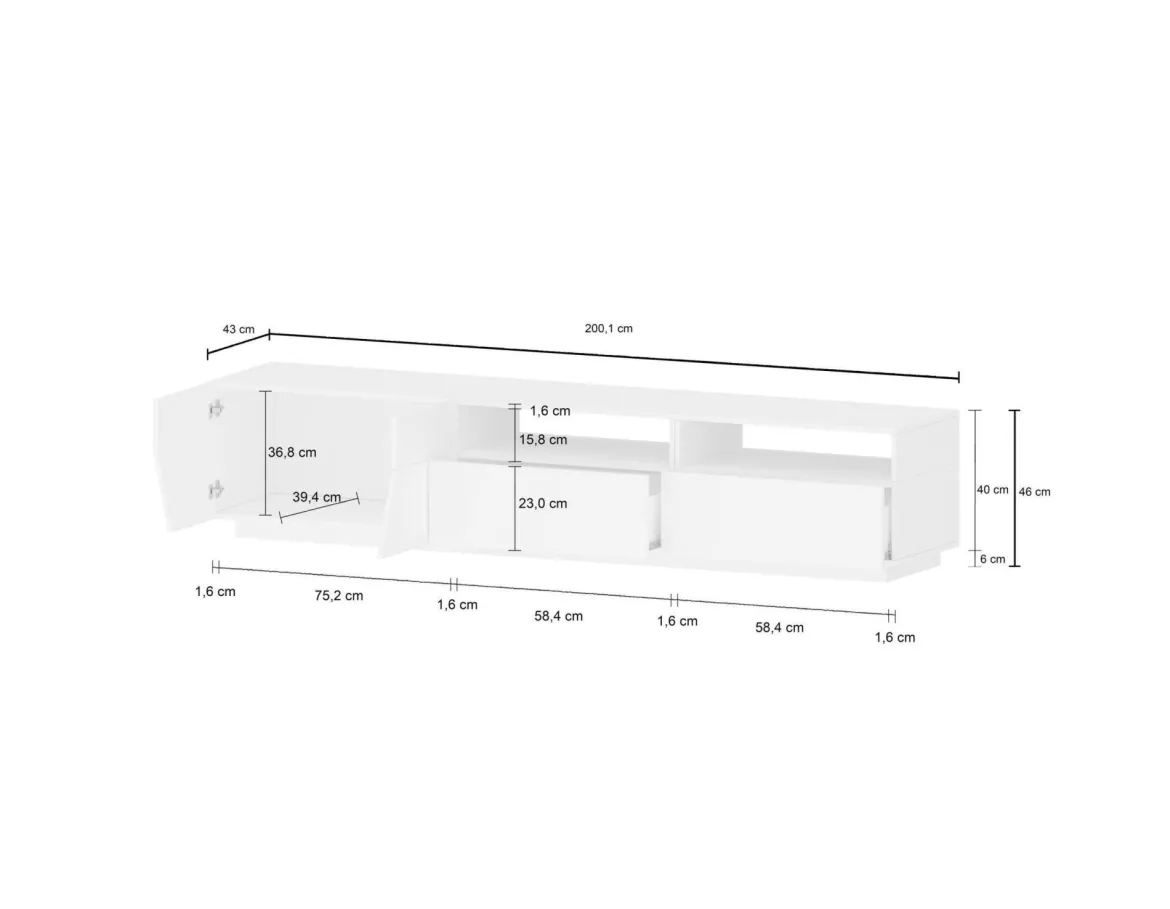 Base TV bianco lucido e acero 200x45x52h cm 3 ante - Arold