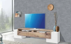 Base TV bianco lucido e acero 220x43x46h cm 4 ante e 1 cassetto - Animai