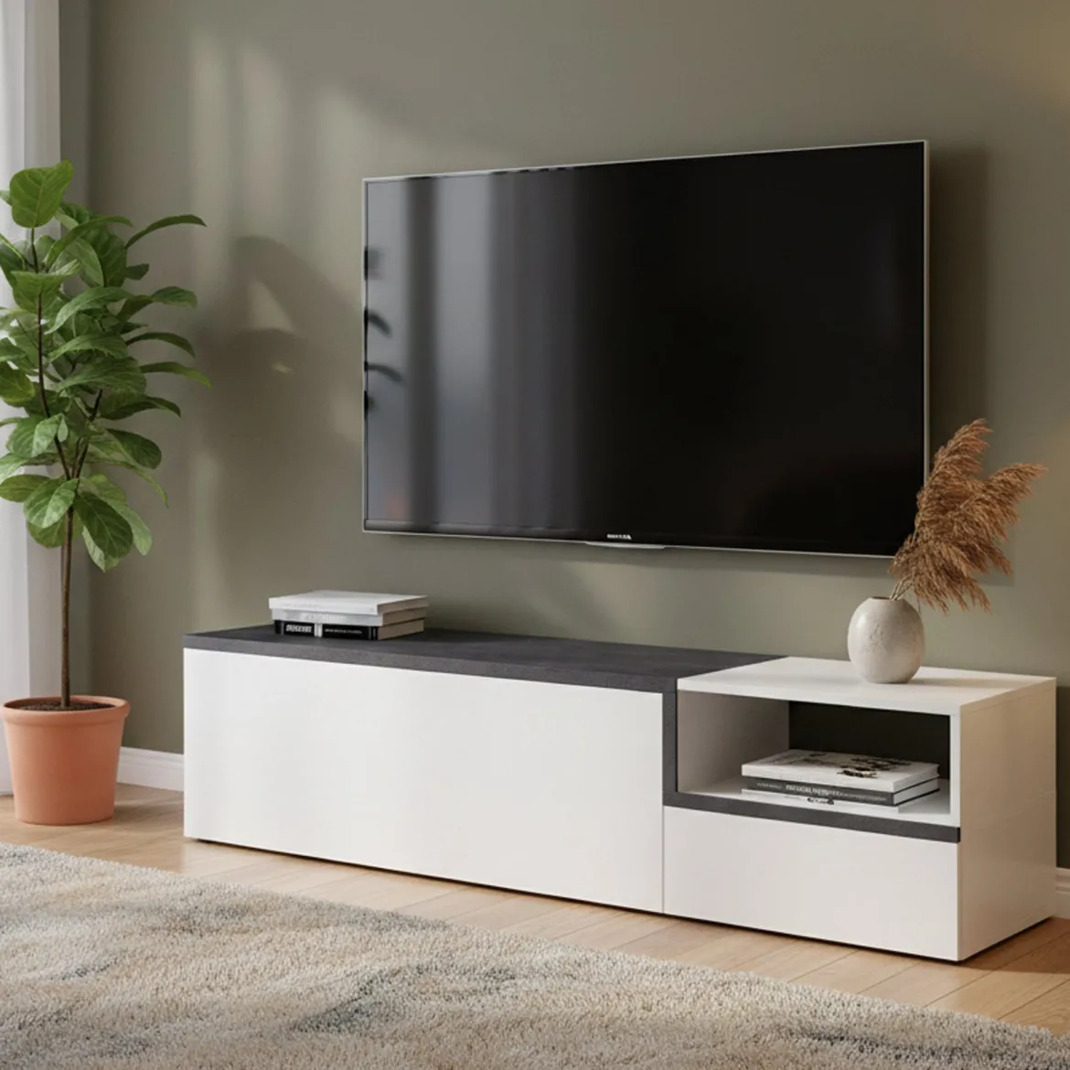 Base TV bianco lucido e ardesia 160x40x47h cm 2 ante e 1 cassetto - Argentoro