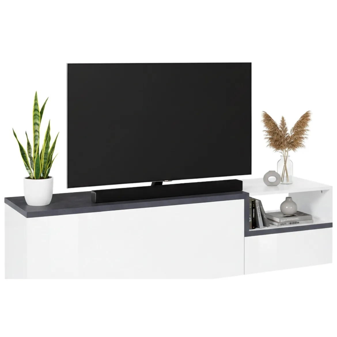 Base TV bianco lucido e ardesia 160x40x47h cm 2 ante e 1 cassetto - Argentoro