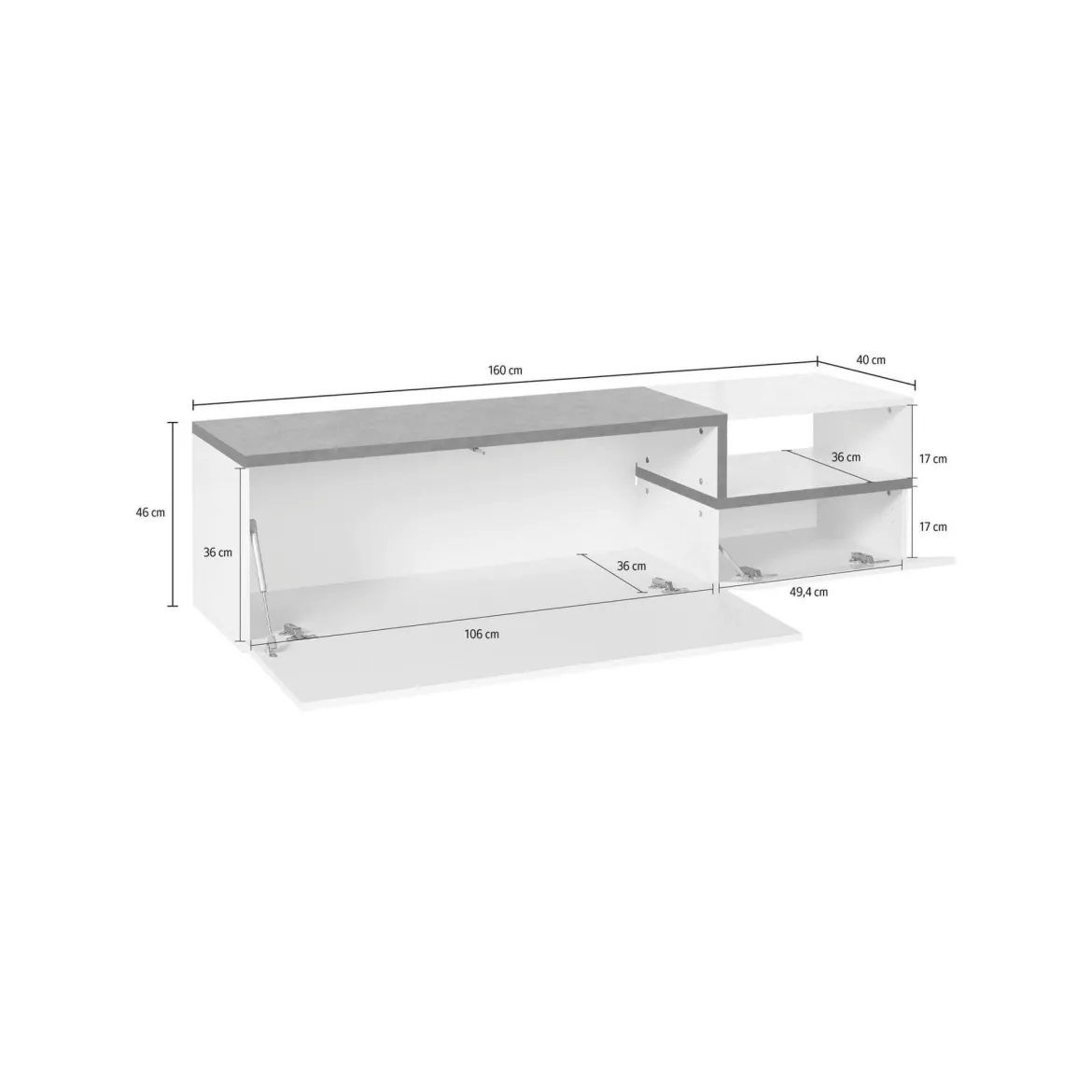 Base TV bianco lucido e ardesia 160x40x47h cm 2 ante e 1 cassetto - Argentoro