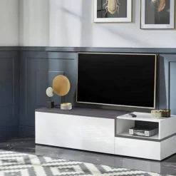 Base TV bianco lucido e ardesia 160x40x47h cm 2 ante e 1 cassetto - Argentoro