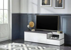 Base TV bianco lucido e ardesia 160x40x47h cm 2 ante e 1 cassetto - Argentoro
