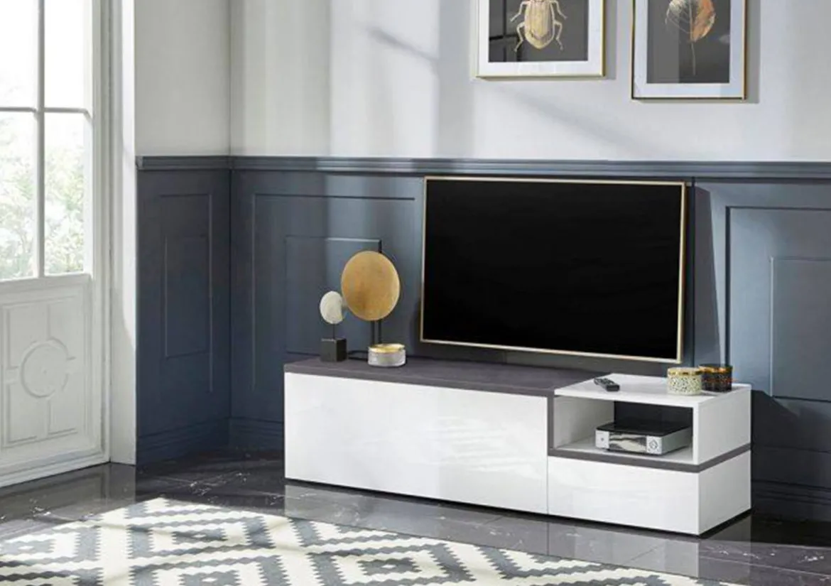 Base TV bianco lucido e ardesia 160x40x47h cm 2 ante e 1 cassetto - Argentoro