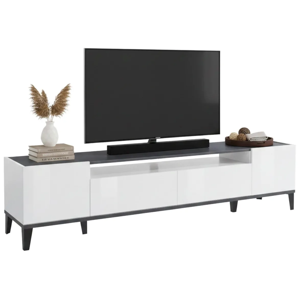 Base TV bianco lucido e ardesia 200x40x47h cm 2 ante e 2 cassetti - Abina