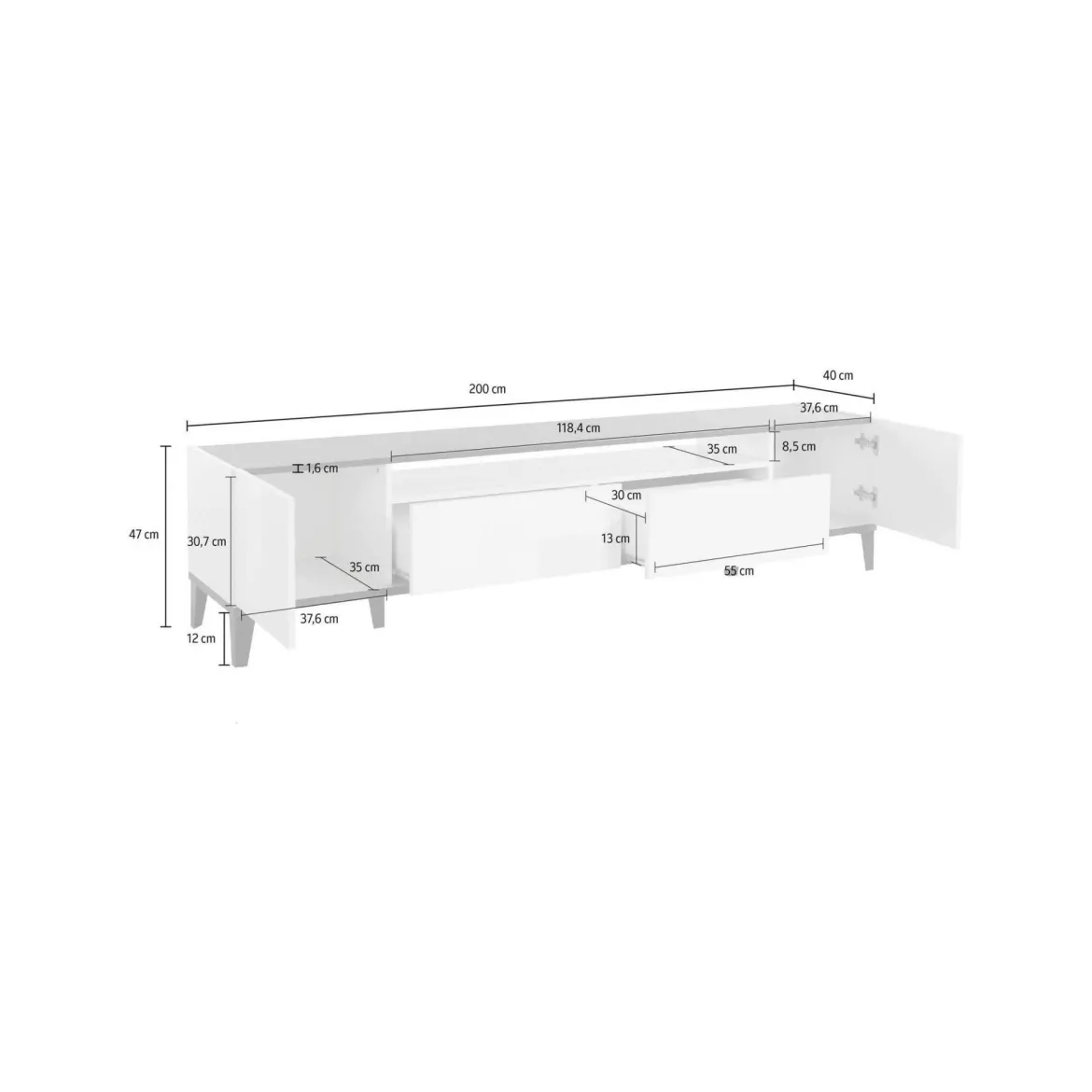 Base TV bianco lucido e ardesia 200x40x47h cm 2 ante e 2 cassetti - Abina