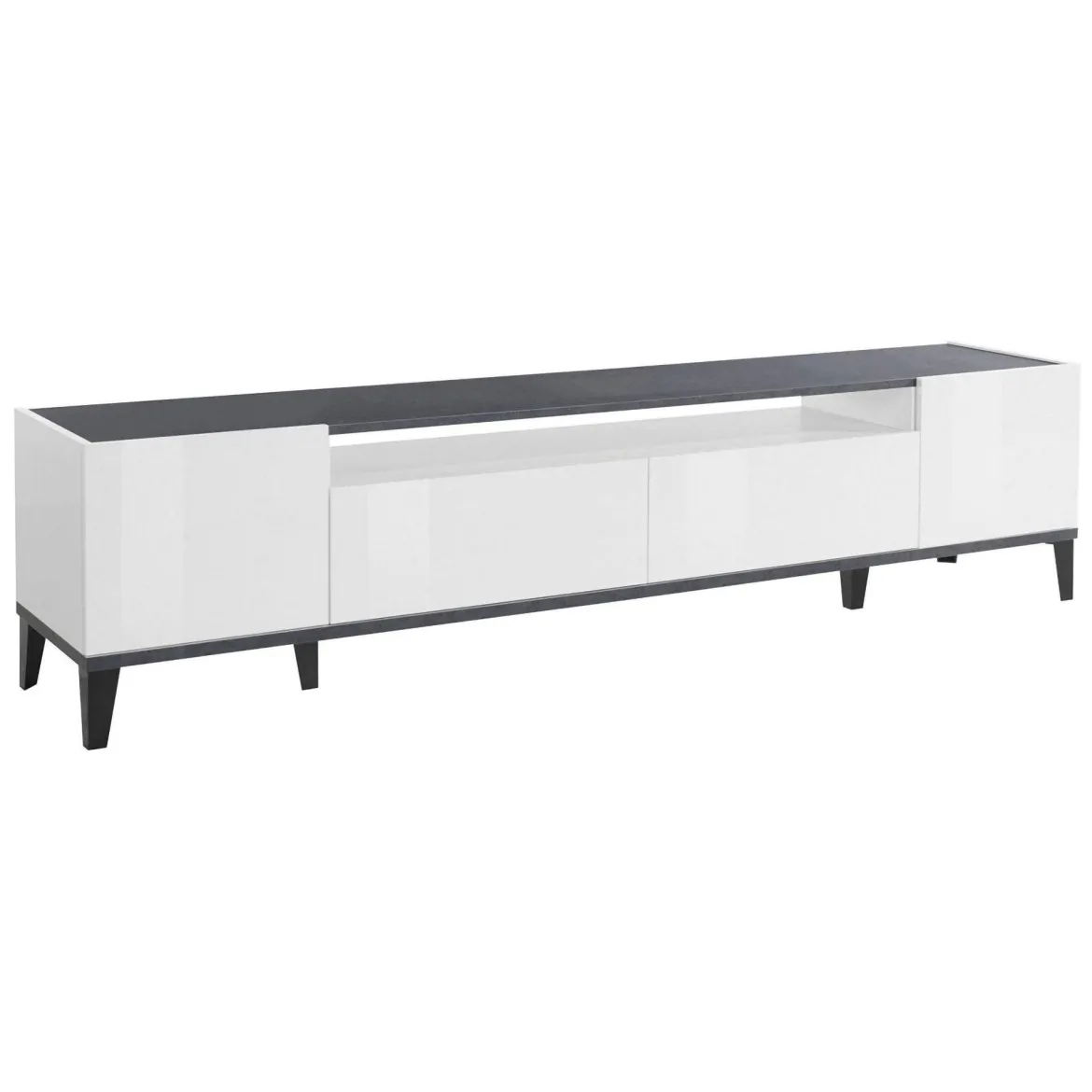 Base TV bianco lucido e ardesia 200x40x47h cm 2 ante e 2 cassetti - Abina