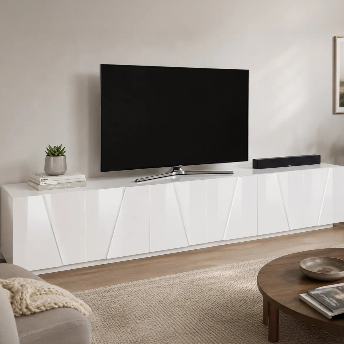 Base TV bianco lucido 260x41x46h cm 4 ante e 2 cassetti - Albak