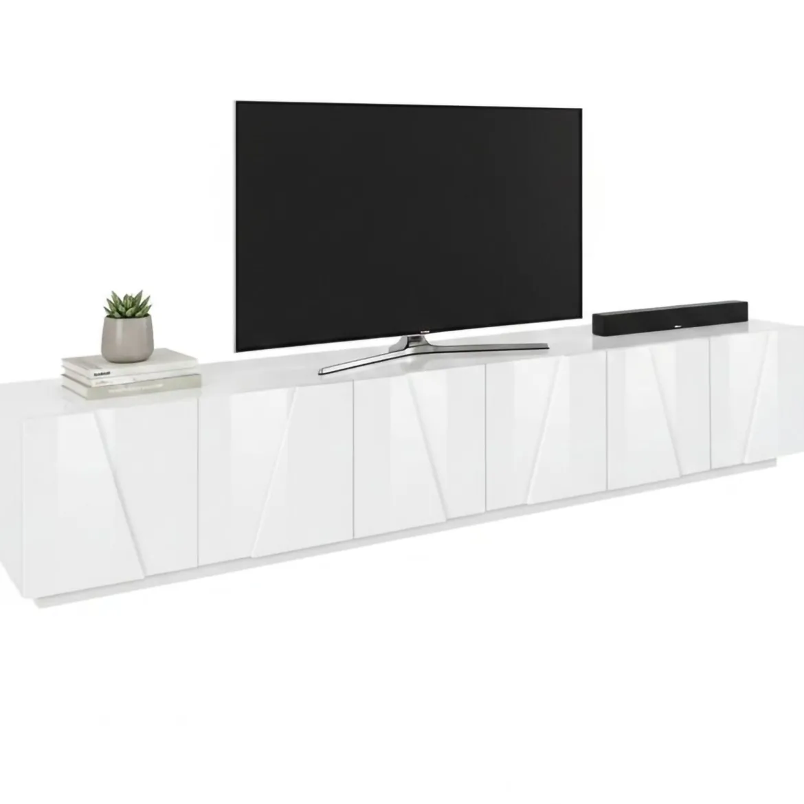 Base TV bianco lucido 260x41x46h cm 4 ante e 2 cassetti - Albak