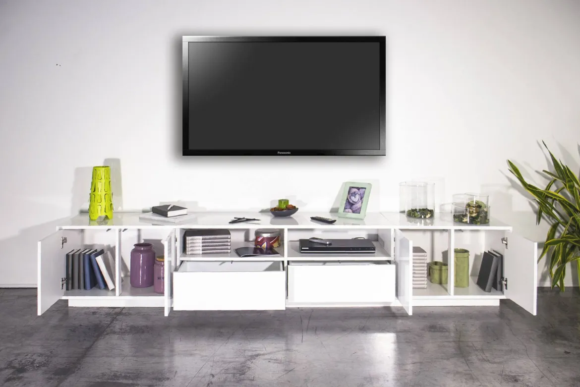 Base TV bianco lucido 260x41x46h cm 4 ante e 2 cassetti - Albak