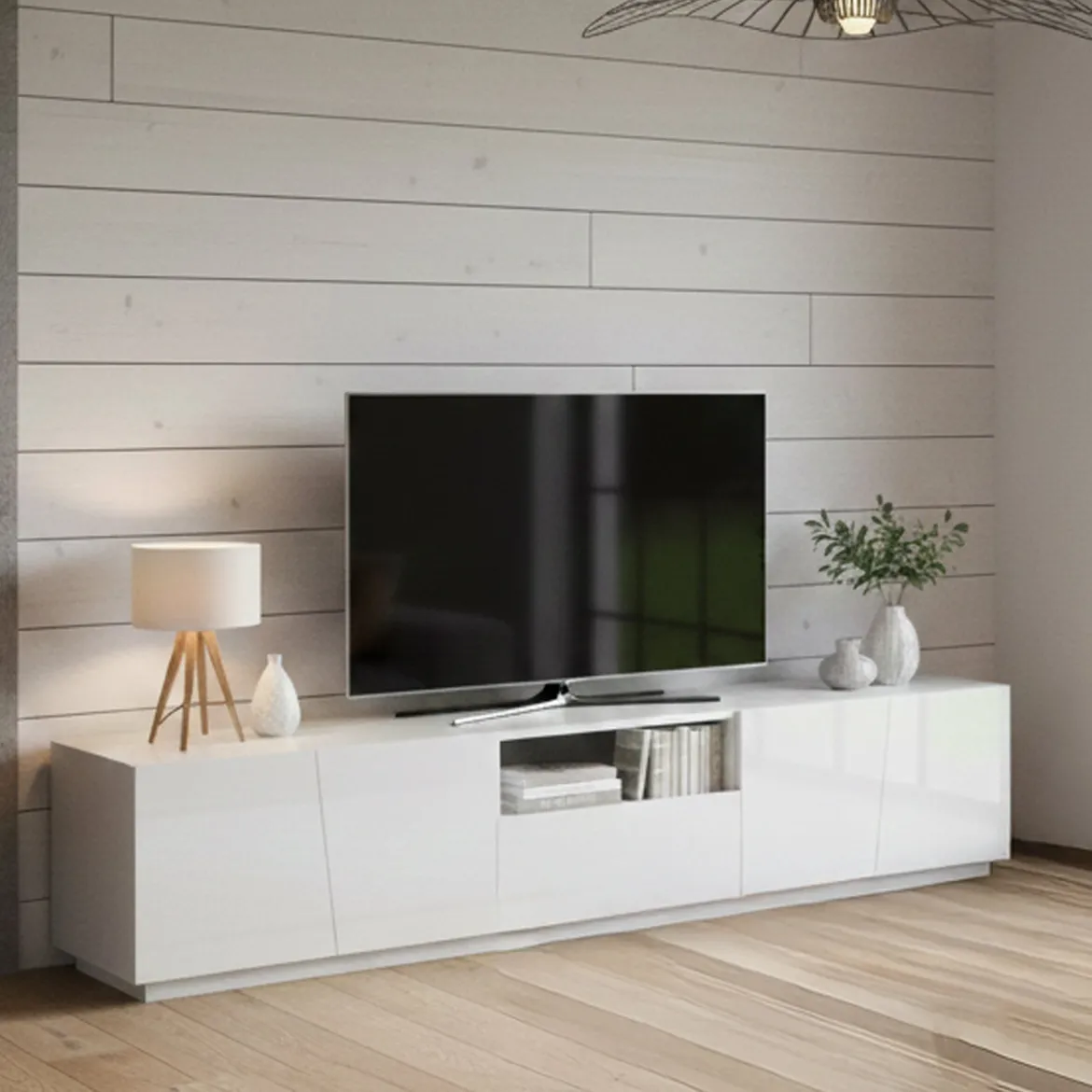 Base TV bianco lucido 220x43x46h cm in legno - Azzurras