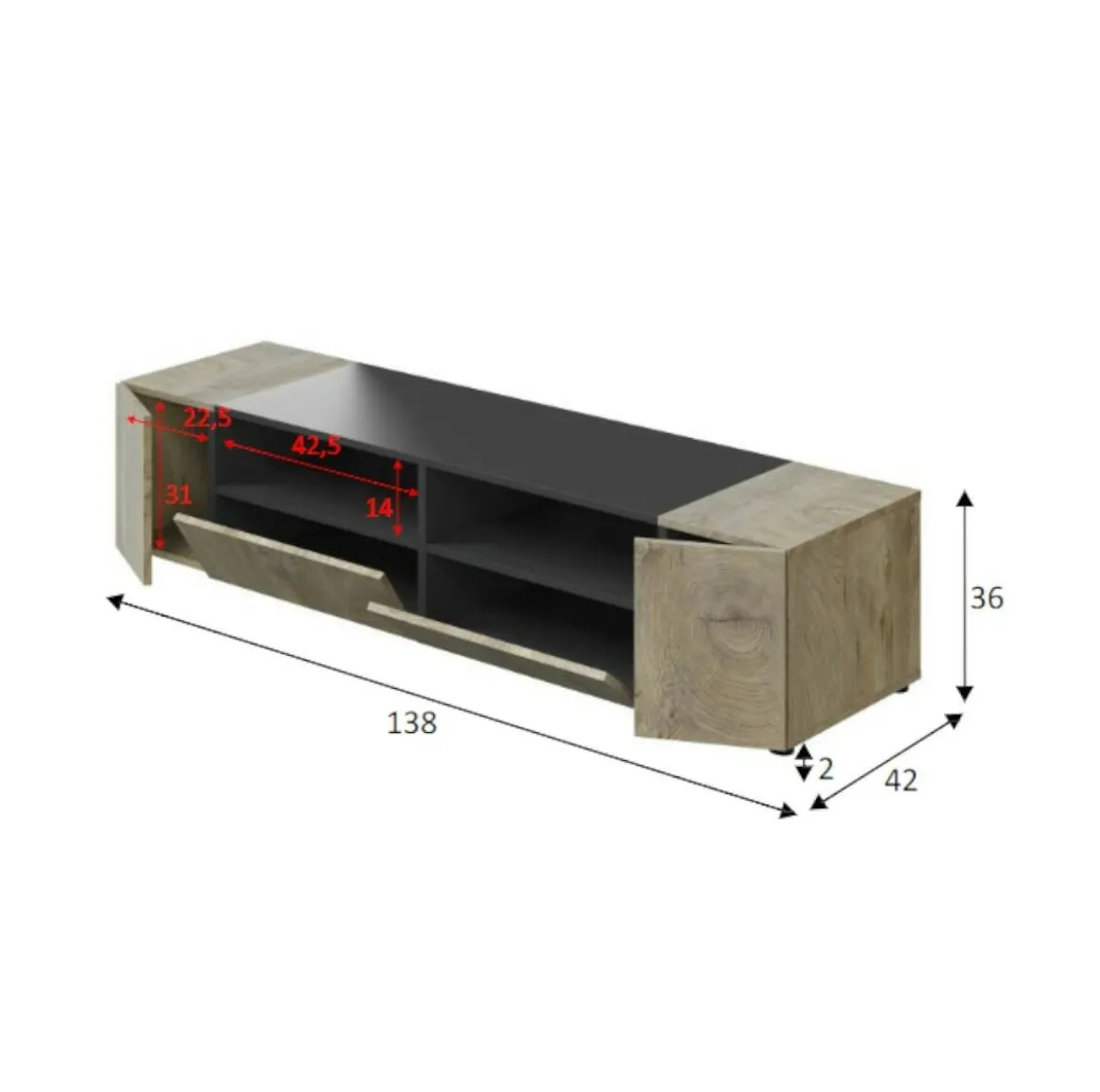 Base TV rovere 138x42x36h cm 4 ante - Ebe