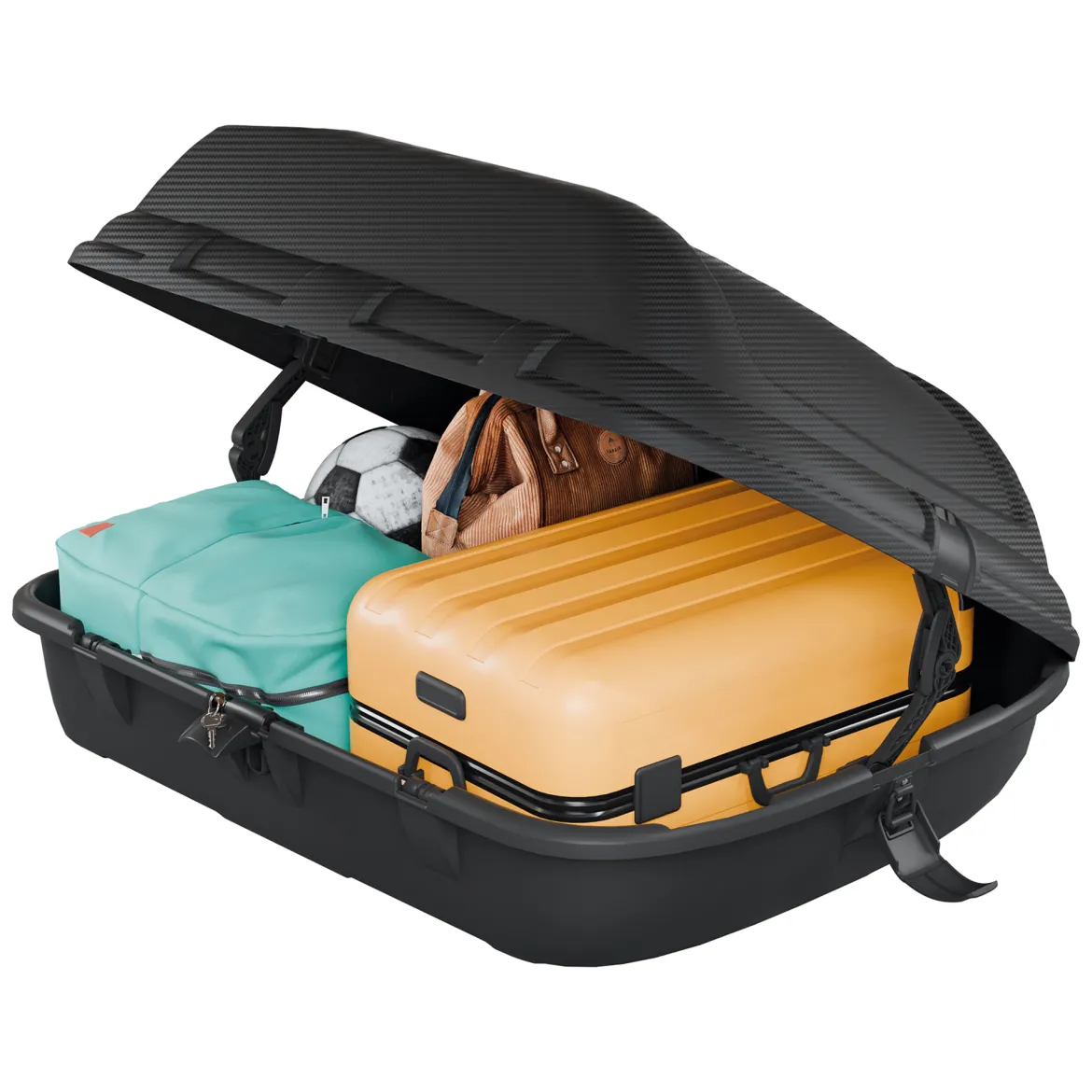 Baule Auto Nero Finitura Effetto Carbonio Capacità 270 l, 55 kg, Apertura a Ribalta Made in Italy - Chivin
