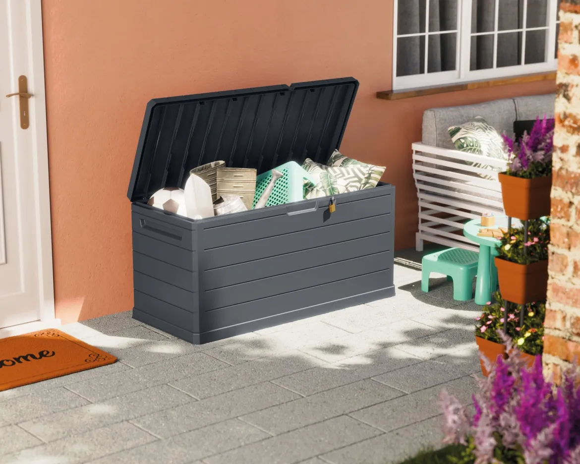 Baule Nero Antracite Resistente ai Raggi uv Impermeabile Capacità 350 l Chiusura Lucchetto 118.5x52x56.8h cm, Materiale Piano in Plastica - Nurri