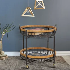 Carrello Marrone Nero 2 Ripiani Ruote 57x56x63h cm, con 2 Cestini in Rattan - Zakopa