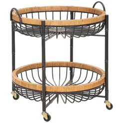 Carrello Marrone Nero 2 Ripiani Ruote 57x56x63h cm, con 2 Cestini in Rattan - Zakopa