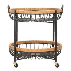 Carrello Marrone Nero 2 Ripiani Ruote 57x56x63h cm, con 2 Cestini in Rattan - Zakopa