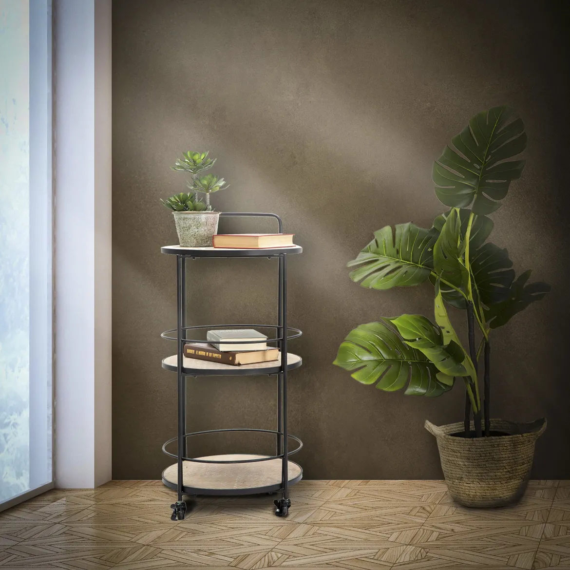 Carrello Marrone Nero 3 Ripiani Ruote 60x30x80h cm, Finitura Effetto Paglia di Vienna - Fapaga
