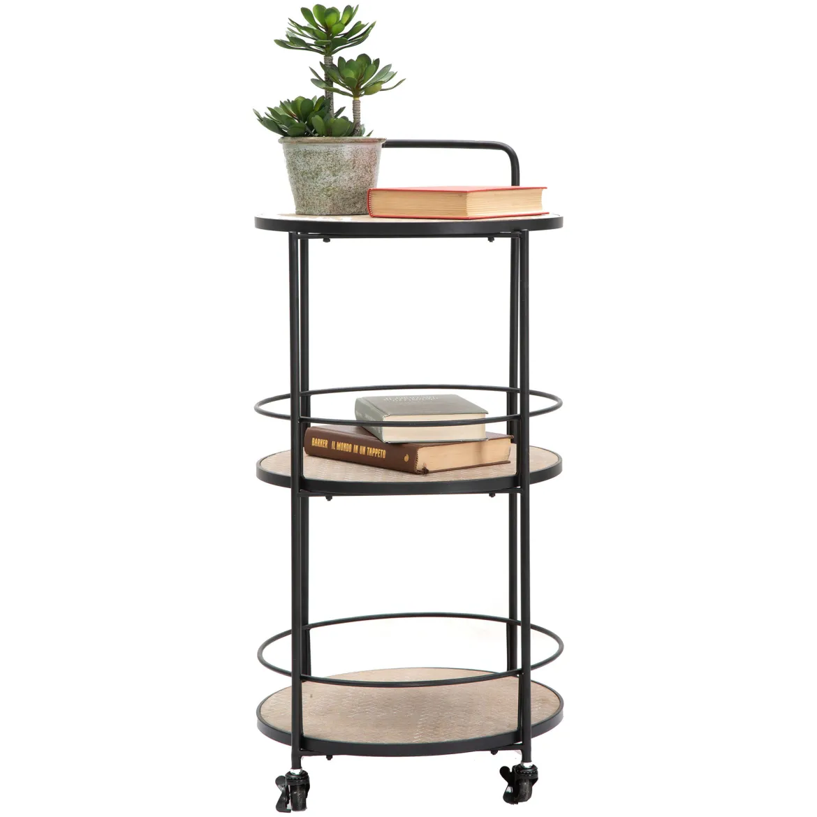 Carrello Marrone Nero 3 Ripiani Ruote 60x30x80h cm, Finitura Effetto Paglia di Vienna - Fapaga
