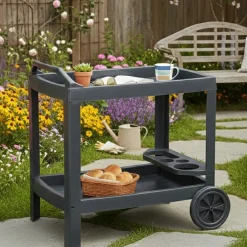Carrello Nero Antracite 2 Ripiani Ruote 53x74x73h cm, con Portabicchieri Made in Italy - Chidester
