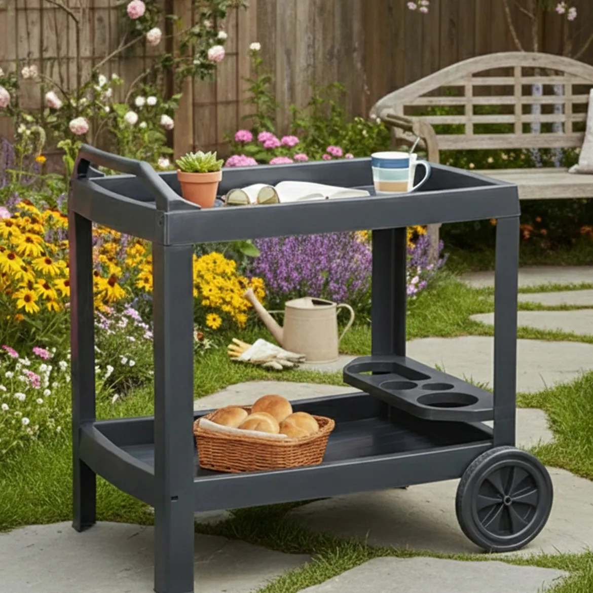 Carrello Nero Antracite 2 Ripiani Ruote 53x74x73h cm, con Portabicchieri Made in Italy - Chidester