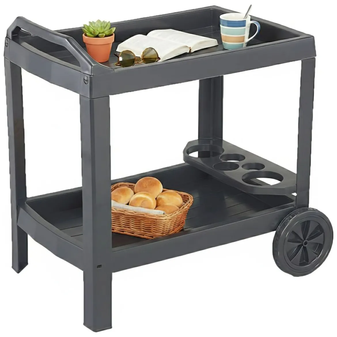Carrello Nero Antracite 2 Ripiani Ruote 53x74x73h cm, con Portabicchieri Made in Italy - Chidester