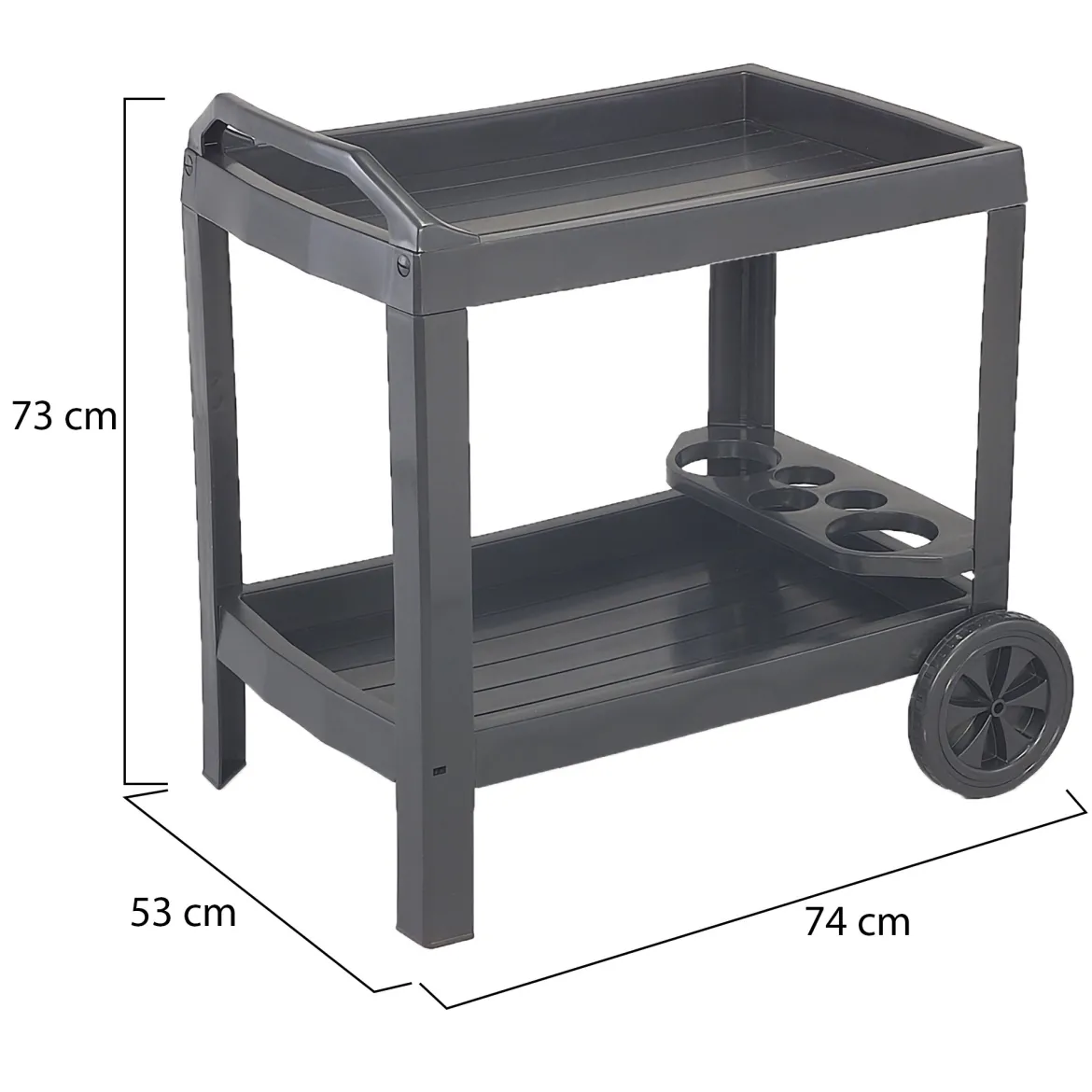Carrello Nero Antracite 2 Ripiani Ruote 53x74x73h cm, con Portabicchieri Made in Italy - Chidester