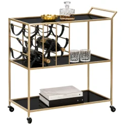 Carrello Nero oro 3 Ripiani Ruote 79x40x82h cm, con Portabottiglie - Druski