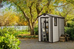 Casetta da Giardino Beige Nero Resistente Agli Agenti Atmosferici Presenza Finestre 130x192x198h cm, Tetto a due Falde - Stillman
