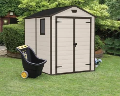 Casetta da Giardino Beige Nero Resistente Agli Agenti Atmosferici Presenza Finestre 186x237x227h cm, Tetto a due Falde - Wadena